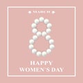 Happy Women`s Day greeting card. White pearl necklace on a cream background.